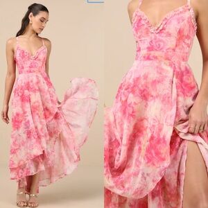 NWT Desdra Pink Floral Ruffled Tiered High-Low Maxi Dress Pink 
Size L